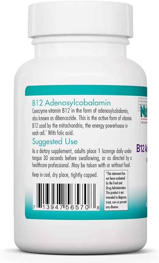Nutricology B12 Adenosylcobalamin Supplement - with Folic Acid, Vitamin B12 3000 mcg, Folate, Pure B12, Vegetarian Lozenges - 60 Count