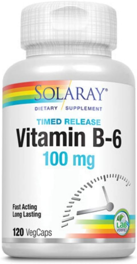 SOLARAY Vitamin B6 100 mg Supplement for Women & Men - Vitamin B-6 100mg Capsules, Energy Support, Timed Release, Vegan - 120 Veg Caps
