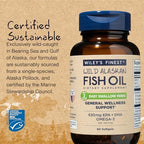 Wiley's Finest Wild Alaskan Fish Oil Easy Swallow Minis - Omega-3 Fish Oil Supplement for Adults and Kids - Double-Strength 630mg EPA and DHA Natural Supplement - 60 Mini Softgels (30 Servings)