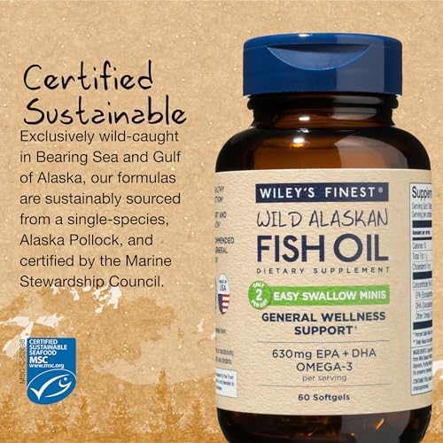 Wiley's Finest Wild Alaskan Fish Oil Easy Swallow Minis - Omega-3 Fish Oil Supplement for Adults and Kids - Double-Strength 630mg EPA and DHA Natural Supplement - 60 Mini Softgels (30 Servings)