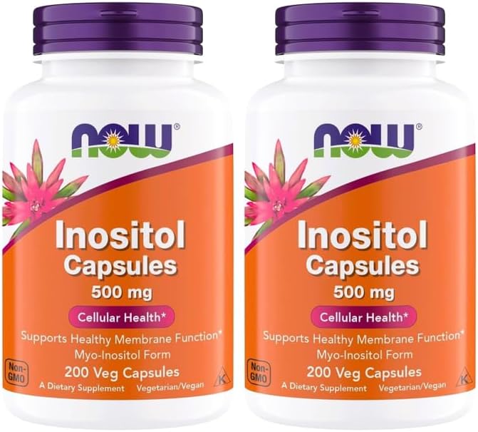 NOW Foods Inositol 500 mg, Superior Myo Inositol Form, for Healthy Membrane Function*, Cellular Health*, Support for Women* Kosher, Suitable for Vegans - 200 Vegetarian Capsules (Pack of 2)