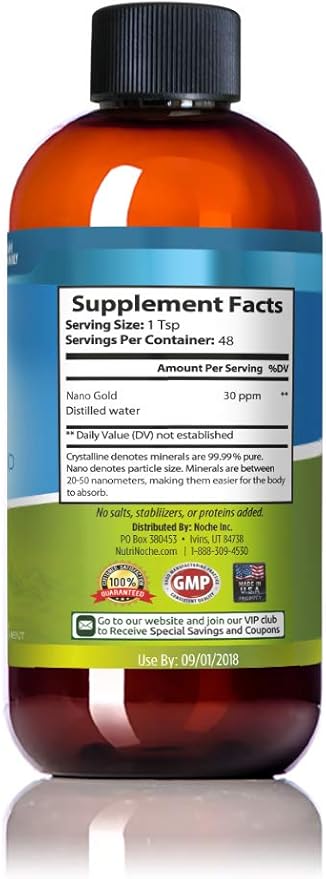 Colloidal Gold Liquid Organic Supplement by Nutrinoche - 100% Pure Nano Gold Mineral - Supports Mental Clarity, Focus & Relaxation - 8 oz Bottle - Vegan, Gluten-Free - Crystalline - 30 ppm