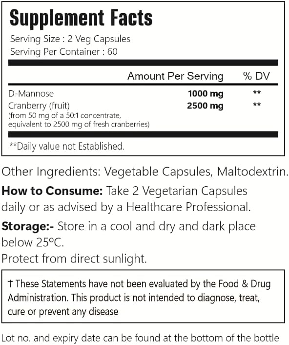D-Mannose with Cranberry Extract, Vegan Capsules 120 Count 3500 mg Blend, 100% Vegetarian, Non-GMO & Gluten Free