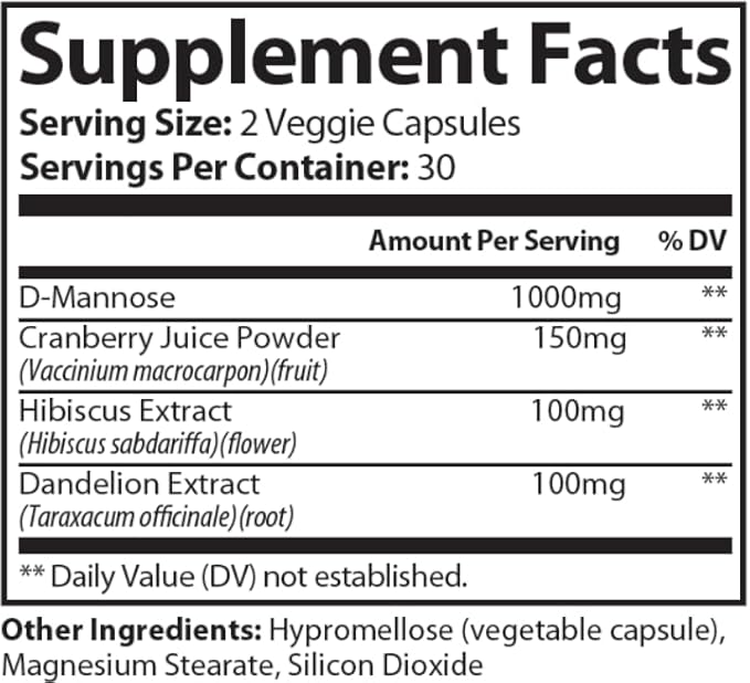 D-Mannose with Cranberry, Dandelion & Hibiscus – 1350mg – Urinary Tract & Liver Support – 60 Veggie Capsules