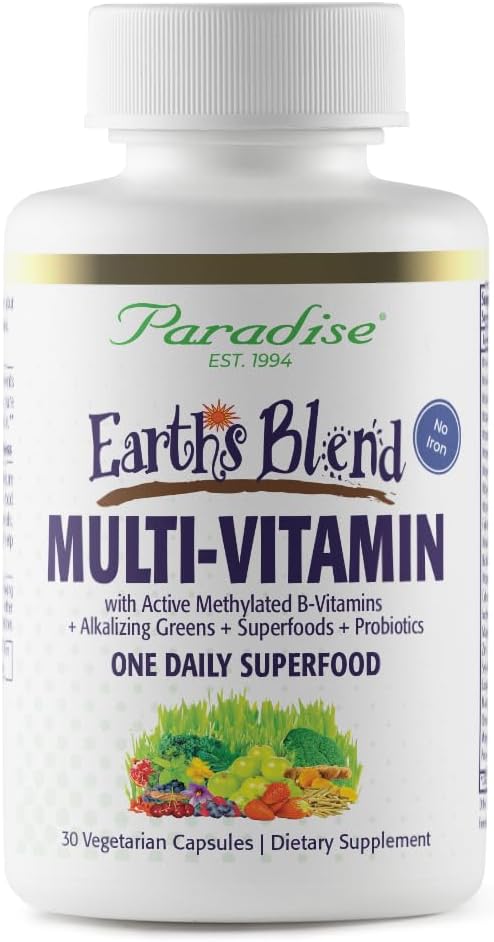 Paradise Herbs Earth's Blend Once Daily Multivitamin, No Iron, 48 Organic Superfoods, Probiotics, Antioxidants, Vitamins A, B12, C, D, K2, 30 Count