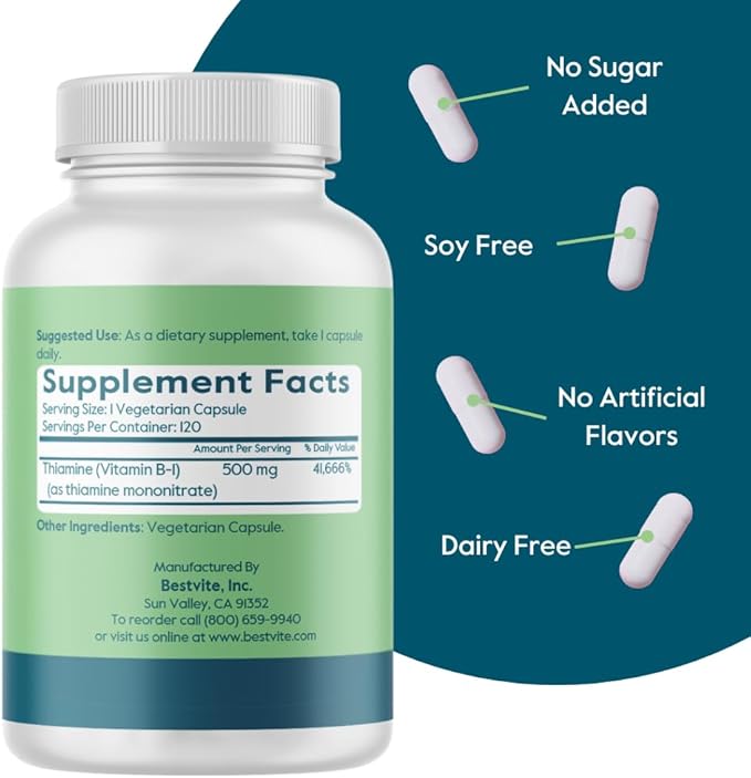 BESTVITE Vitamin B-1 (Thiamin) 500mg (120 Vegetarian Capsules) - No Stearates - Vegan - No Calcium Carbonate - Non GMO - Gluten Free - No Silicon Dioxide