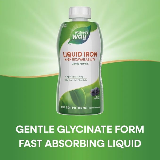 Nature’s Way Liquid Iron Supplement, 18 mg per Serving, Gentle Glycinate Iron, Fast-Absorbing Liquid, Iron for Red Blood Cell Support and Energy Metabolism*, No Sugar Added, Berry Flavored, 16 Fl Oz