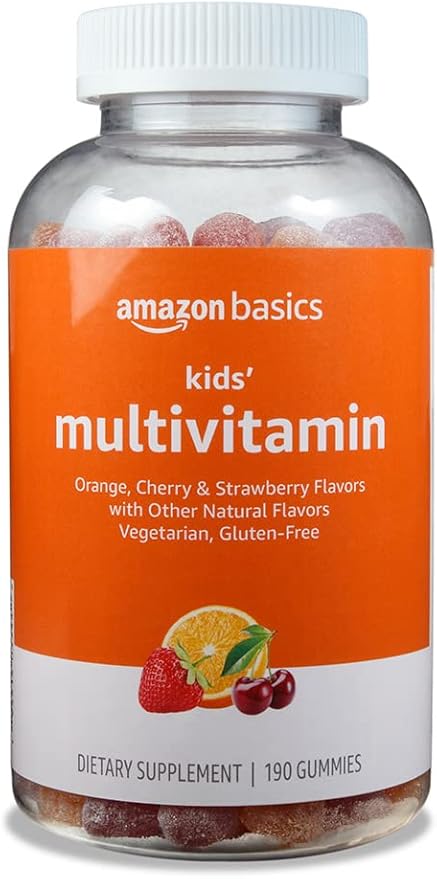 Amazon Basics Kids' Multivitamin Gummies, Cherry, Strawberry & Orange Flavors, 190 Count (Previously Solimo)