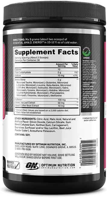 Optimum Nutrition Amino Energy-Pre Workout with Green Tea,BCAA,Amino Acids,Keto Friendly,Green Coffee Extract,Energy Powder-Juicy Strawberry Burst,9.5Ounce,30 Servings,(Pack of 6),(Packaging May Vary)