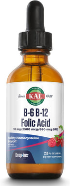 KAL Vitamin B-6 B-12 Folic Acid DropIns, Liquid Vitamin B Supplement Drops, Heart Health, Energy, Red Blood Cell Support with Methyl B12 and Methyl Folate, Natural Mixed Berry Flavor, 59 Servings, 2oz