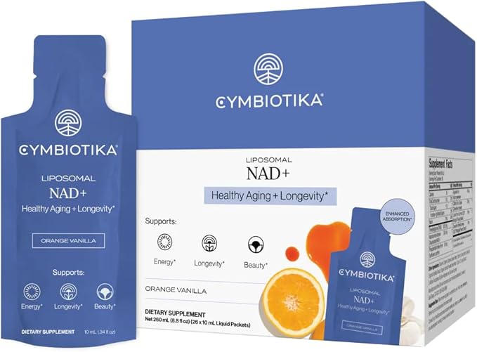 CYMBIOTIKA Liposomal NAD+ Supplement, Cellular Energy, Healthy Aging, Skin Health, Lutemax, Enhanced Absorption, Gluten Free, Soy Free, Plant-Based, 26 x 10 mL Liquid Packets