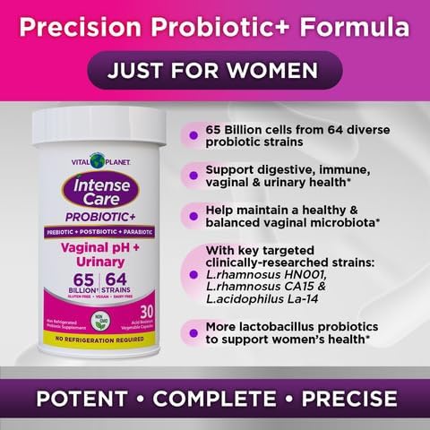 Vital Planet - Intense Care Vaginal pH & Urinary Probiotics for Women Plus Organic Prebiotics, Postbiotics, and Parabiotics, 65 Billion CFU and 64 Strains, Immune and Digestive Health 30 ct