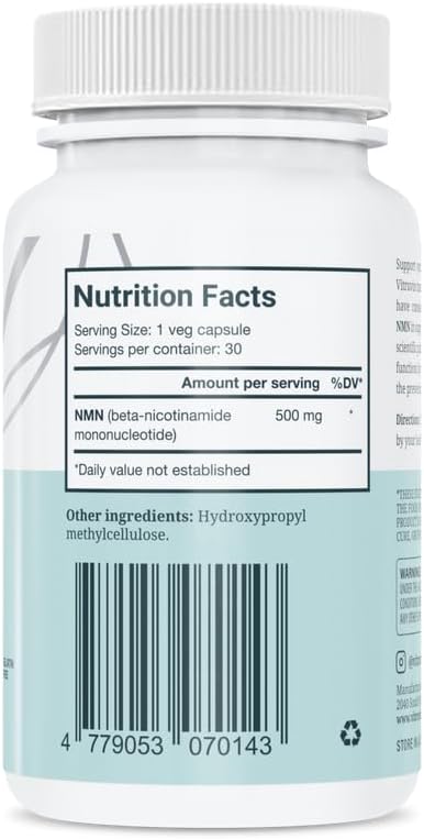 VITRUVIN NMN 500mg - Ultra-Absorbable, Vegan, Non-GMO, Gluten-Free, Gelatin-Free - 1 Bottle, 30 Capsules