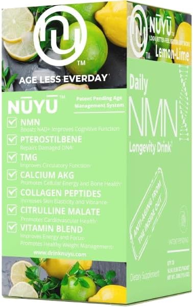NUYU Labs Daily NMN Longevity Drink, All-in-One Anti-Aging Supplement with Pterostilbene, TMG, Calcium AKG, Collagen Peptides, B Complex, Vitamins B, C, D3, K2-MK7 (Lemon-Lime)