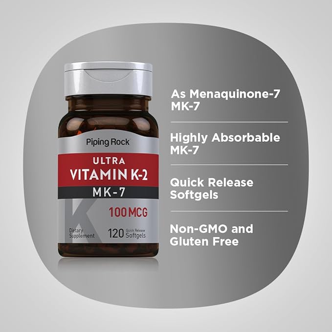 Piping Rock Vitamin K2 MK7 | 100 mcg | 120 Softgels | Non-GMO, Gluten Free Supplement
