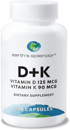 Earth's Splendor Vitamin D + K, 120 Capsules, Contains D 120mcg of Vitamin D3 and 90mcg Vitamin K2, 4 Month Supply