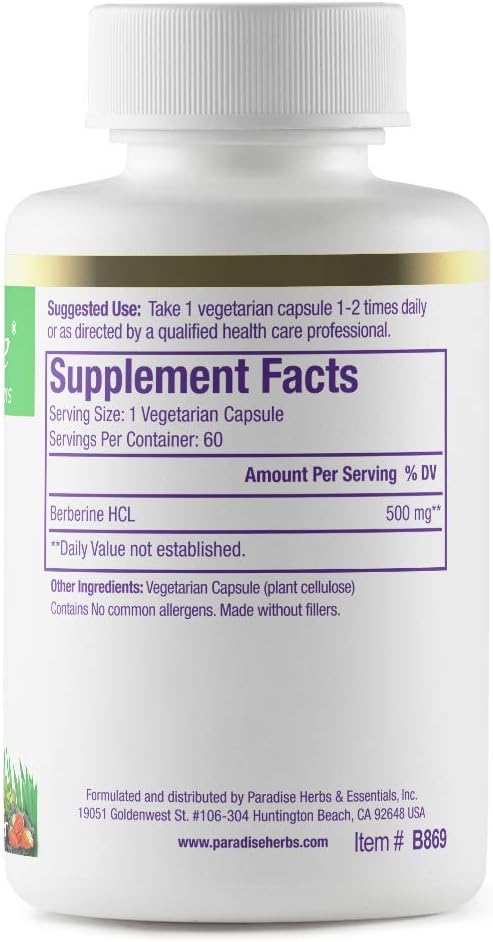 Paradise Herbs, Berberine Extract, 500 mg, Pure & Potent Berberine Supplement, Vegan, Non-GMO, Gluten Free, 60 Vegetarian Capsules (Pack of 2)
