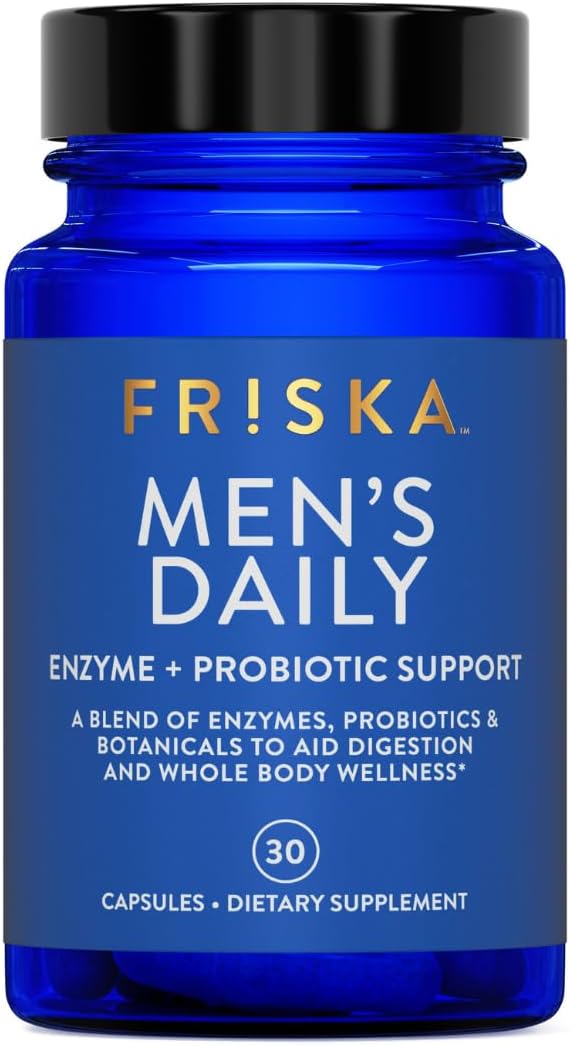 Friska Men’s Daily Gut Support - Digestive Enzymes, Probiotics to Help Break Down Foods, Supports Energy & Nutrient Absorption with Vitamins B6 & B12, 30 Capsules, Packaging May Vary