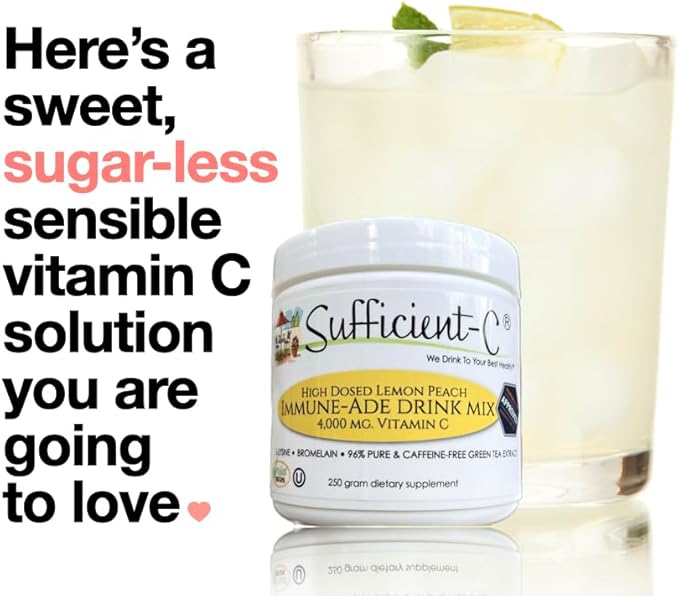 Sufficient-C High-Dosed 4000 mg. Vitamin C Lemon Peach Immune-Ade Drink Mix 250 gram Size - Refreshing with Generously Dosed L-lysine, Bromelain & 96% Pure, Caffeine-Free Green Tea Extract