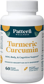 Pattern Wellness Turmeric Curcumin – 95% Curcuminoids with BioPerine® Black Pepper – Supports Joint, Cognitive & Immune Health – Non-GMO, Gluten Free – 60 Capsules