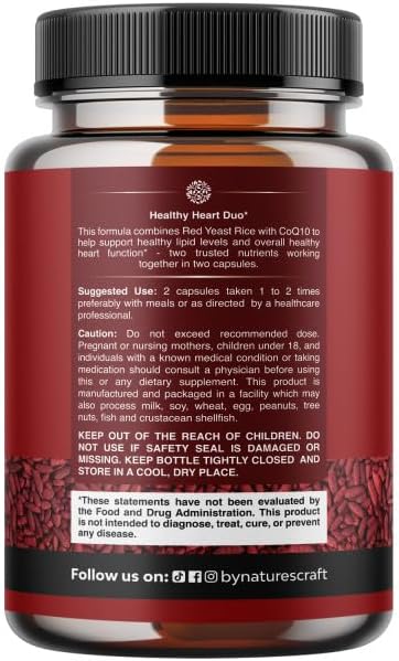 Red Yeast Rice with CoQ10 Supplement - Advanced Healthy Heart & Healthy Cholesterol Levels Formula for Men & Women - Red Yeast Rice Capsules with 1200mg per Serving and CoQ10-60 Count