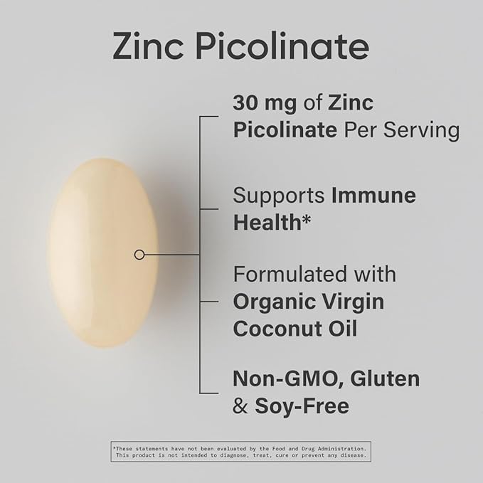 Sports Research High Potency Zinc Picolinate 30mg with Organic Coconut Oil | Highly Absorbable Zinc Supplement for Healthy Immune & Enzyme Function - Non-GMO Tested & Gluten-Free (90 Liquid Softgels)