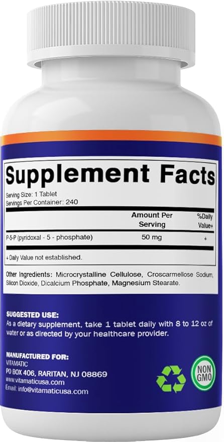 Vitamatic P5P 50 mg – Pyridoxal-5-Phosphate – Active Form of Vitamin B6 – Energy & Nervous System Support – Non-GMO, Gluten-Free – 240 Tablets