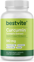 BESTVITE Curcumin 510mg (Turmeric)(120 Vegetarian Capsules) with Curcumin C3 Complex & Bioperine - Standardized to 95% Curcuminoids - No Stearates - Vegan - Non GMO - Gluten Free