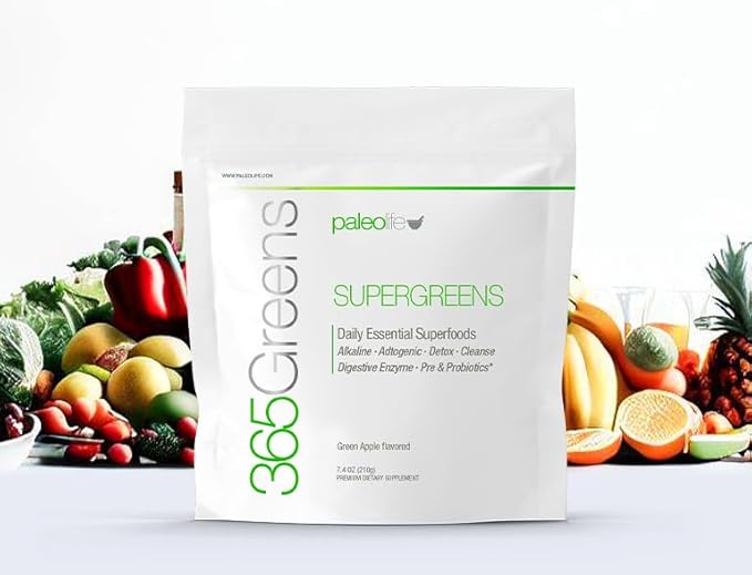 365Greens Daily Essential Premium Superfood with 75 Minerals, Vitamins, Vegetables, Fruits and adaptogens. Green 7.4 oz (3)