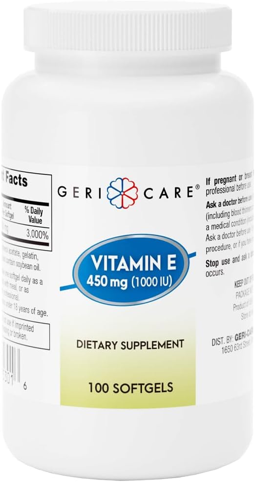 GeriCare High-Potency Vitamin E Capsules, 1000 IU for Skin & Immune Support, 450mg Organic Vitamin E for Women and Men, 100 Count (Pack of 1)