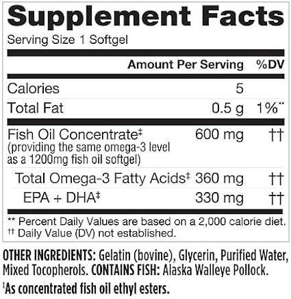 MSNOR Finest Nutrition Half-The-Size Fish Oil 1200 mg Softgels 200.0 ea x 2 Pack