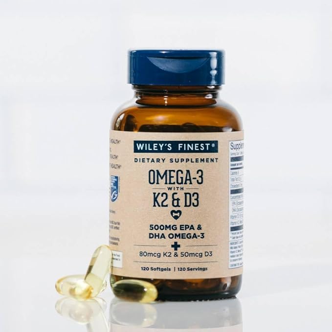 Wiley's Finest Wild Alaskan Fish Oil Vitamin K2 & D3 Softgels - 500mg of EPA and DHA Omega-3s for Bone and Heart Health Support - 120 Softgels (120 Servings)