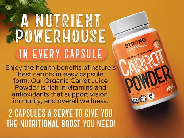 USA Grown Organic Carrot Juice Powder Capsules – Raw Cold-Pressed for Maximum Nutrients – Rich in Beta Carotene for Eye Support & Skin Health – Whole Food Vitamin A – 120 Vegan Pullulan Caps, Kosher