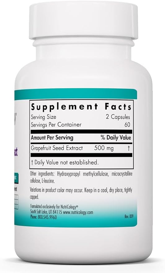 Nutricology Citrus Seed Extract Supplement - Grapefruit Seed Extract 500mg, Supports Metabolic Function, Contaminant Free, Vegetarian Capsules - 120 Count