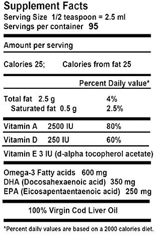 Virgin Cod Liver Oil - 8 Fl oz Natural, Sustainably sourced, Wild Caught & Fresh Tasting. High in Vitamin D, Omega 3 DHA/EPA (Lemon and Peppermint Flavored)