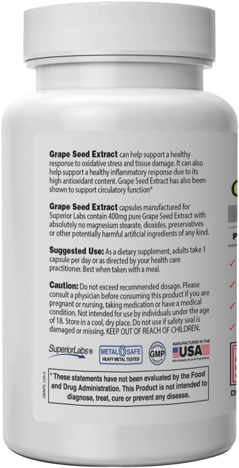 Superior Labs Grape Seed Extract, 400mg, 120 Vegetable Capsules, 95% Polyphenols, High Antioxidant Content, Healthy Blood Flow, Supports Immune System and Brain Health