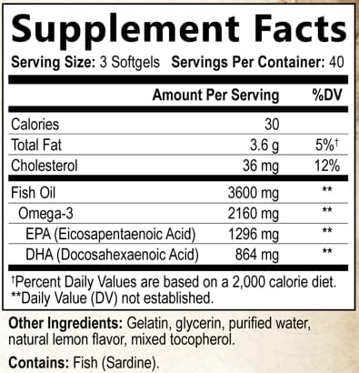 Built by Nature Omega-3 Fish Oil 3600mg – High EPA & DHA – 2160mg Omega 3s per Serving – Triple Strength Burpless Softgels – Heart & Brain Support – 120 Softgels