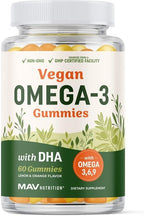 Omega 3 6 9 + DHA Gummies | Plant-Based Triple Omegas from Algae, Flaxseed & Safflower Oil | 50mg of DHA | Vegetarian, Non-GMO, Gluten-Free, Essential Fatty Acid Supplements for Adults | 60 Gummies