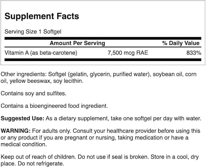 Swanson Beta-Carotene Vitamin A 25,000 IU Eye and Skin Health Supplement for Adults Seeking Vision and Immune Support - 7,500 mcg (300 Softgels, 2 Pack)