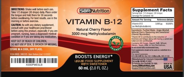 SBR Nutrition Vitamin B12 Sublingual Liquid Drops - Methylcobalamin, VIT B 12 Supports Energy, Max Absorption, 3000mcg Per Serving, 60 Servings, Non-GMO, Vegan Friendly, Manufactured in The USA