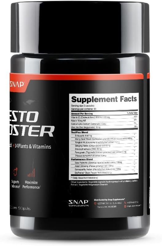 Snap Supplements Testosterone Booster for Men - Promotes Muscle Growth, Booster for Men, Enhancing Natural Energy, Stamina and Strength, 60 Capsules
