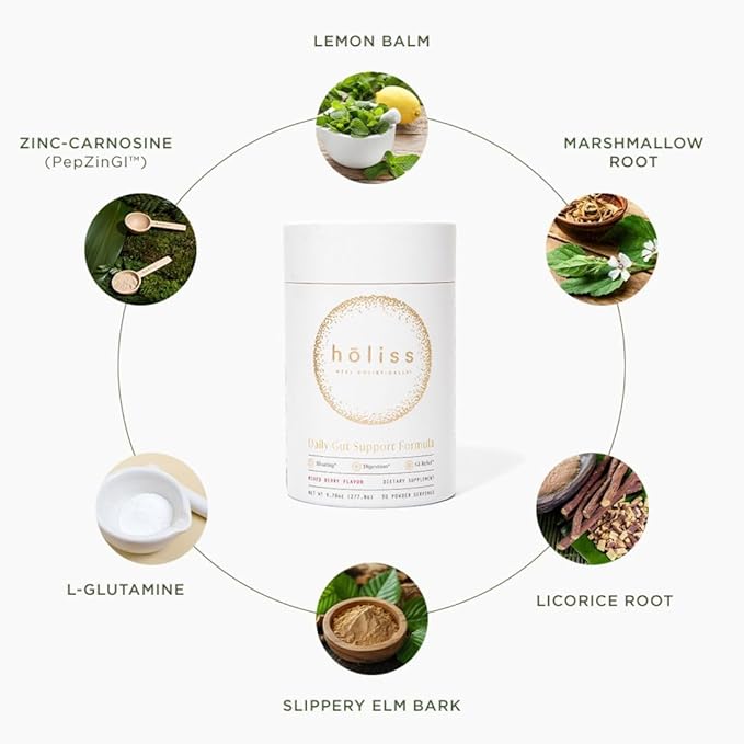 Daily Gut Health Powder 6-in-1 All Natural Supplement, Slippery Elm, L Glutamine, Lemon Balm with PepZinGI - Bloat & Gas Relief, GI Lining Repair, IBS Support - Mixed Berry, 30 Servings
