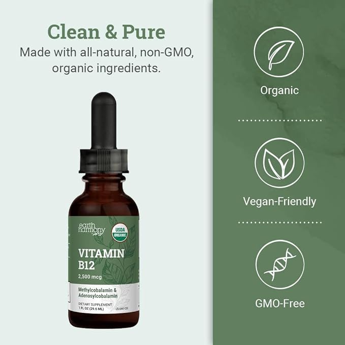 Organic Vegan Vitamin B12 Sublingual Liquid Supplement - 2500mcg Methylcobalamin Drops for Natural Energy, Metabolism Health and Immune System Support - 1 Fl Oz