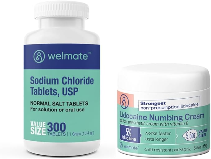 WELMATE Recovery Bundle: Sodium Chloride Tablets, 300ct + 5% Lidocaine | Numbing Cream 5.5 Oz