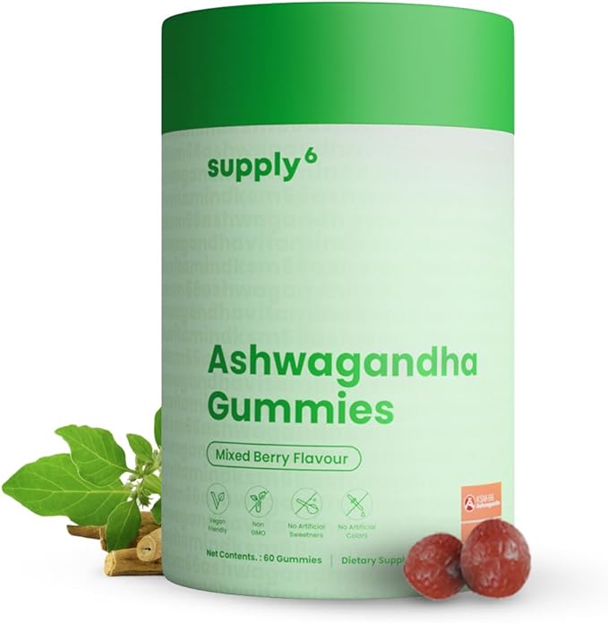 SUPPLY6 KSM-66 Ashwagandha & Vitamin D Gummy - 60 Count - Mixed Berry, KSM-66, Vegan, Plant Based, Non-GMO, Gluten-Free & Gelatin Free, for a Happier You, Pack of 1