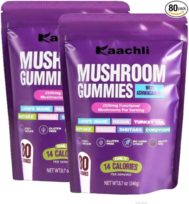 1000mg Ashwagandha & Mushroom Gummies, with 8-Mushroom Blend (Reishi, Lion's Mane, Cordyceps). Supports Focus, Energy and Cognitive Boost,for Adults, 160 Count.