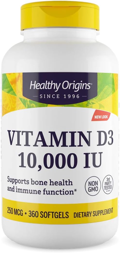 Healthy Origins Vitamin D3 10,000 IU (250 mcg), 360 Liquid Softgels - High Potency Sunshine Vitamin Supplement - Supports Strong Bones, Healthy Teeth & Immune System Function