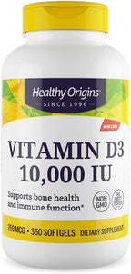 Healthy Origins Vitamin D3 10,000 IU (250 mcg), 360 Liquid Softgels - High Potency Sunshine Vitamin Supplement - Supports Strong Bones, Healthy Teeth & Immune System Function