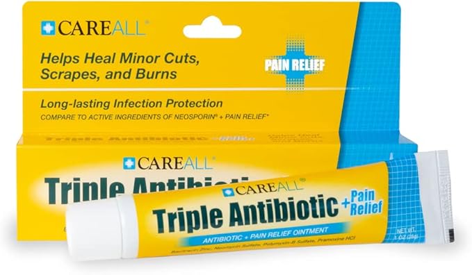 CareAll Triple Antibiotic Ointment + Pain Relief 1.0 oz (2 Pack), Dual Action First Aid for Minor Scrapes, Cuts, and Burns to Help Prevent Infection While Providing Maximum Strength Pain Relief.