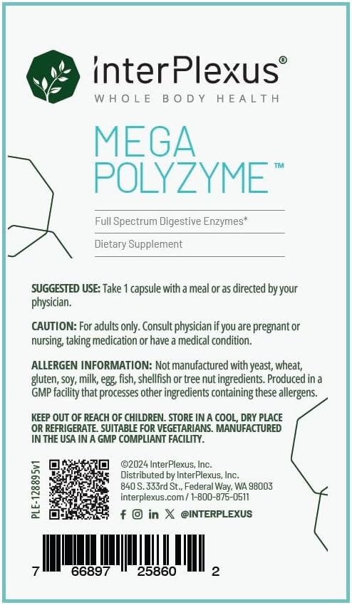 InterPlexus Mega-Polyzyme - Full Spectrum Vegetarian Digestive Enzymes with Bromelain for Gastrointestinal Support - Gluten Free, Dairy Free, Soy Free - 60 Capsules (60 Servings)